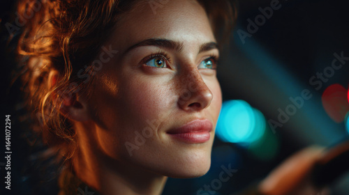 Wallpaper Mural Night Drive Reflection: A serene woman embarks on a night drive, the ambient glow of city lights mirroring in her contemplative gaze as she navigates the steering wheel. Torontodigital.ca