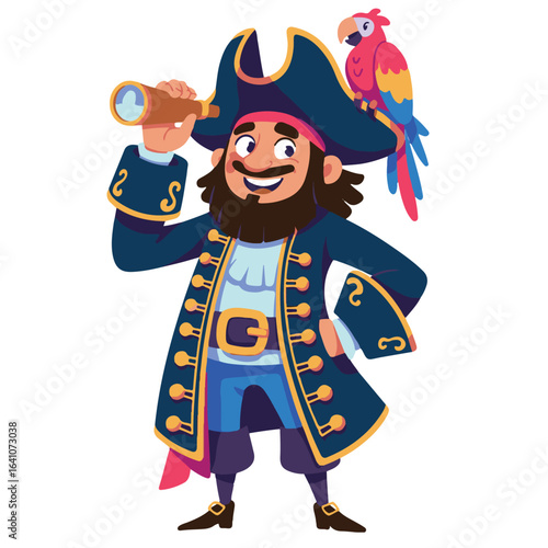 Cartoon Pirate with Telescope and Parrot – Classic Adventure Character Illustration