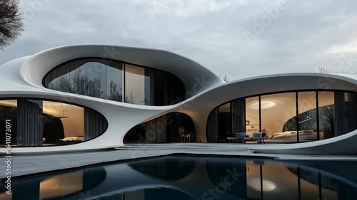 Futuristic style architectural home with a white exterior, curved lines, and reflection in swimming pool, showcases a modern design