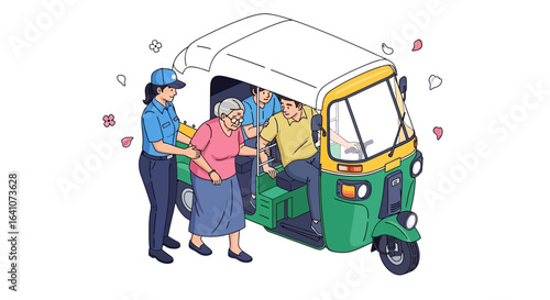 A caregiver and man help a senior woman board a green and yellow auto-rickshaw taxi.