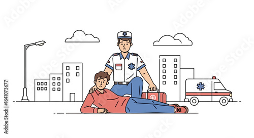 A compassionate paramedic in a blue and white uniform kneels to help an injured man.