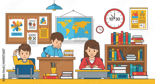 Young students studying diligently in a colorful, illustrated classroom with books and a world map.