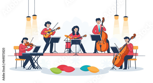 A five-piece musical ensemble in red shirts performing live on a stage with string instruments and drums.