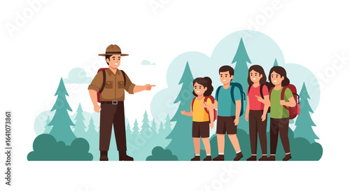 A friendly park ranger in a brown uniform guides a group of four young hikers with colorful backpacks.