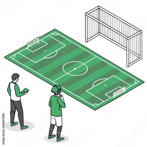 Two people observing a soccer field with goal football