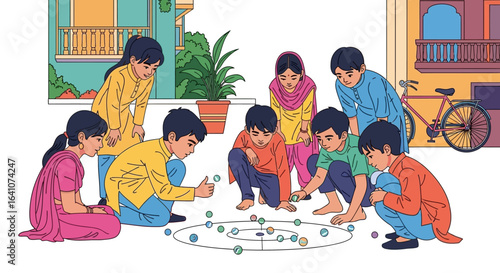 A group of South Asian children in colorful traditional clothes playing a game of marbles outdoors.