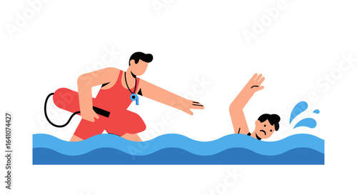 A lifeguard in a red uniform with a whistle and rescue can reaches out to save a drowning person.