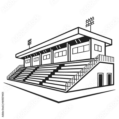 Black and white stadium grandstand with floodlights