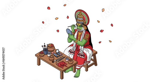 A Kathakali dancer with green makeup and an ornate headdress applying cosmetics with a brush while looking in a hand mirror.