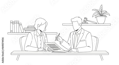 A lawyer and client in a minimalist line art style discussing a legal document at a desk.