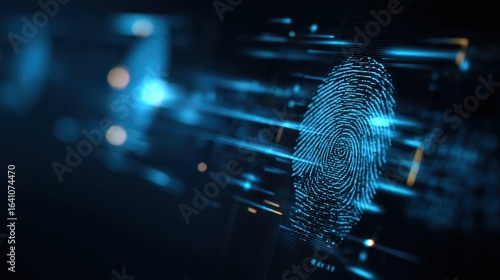 Digital fingerprint scanning technology with glowing blue lines and abstract background showcasing cybersecurity and data protection concepts
