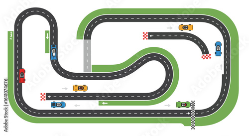 A colorful, top-down illustration of a race track with miniature cars competing.