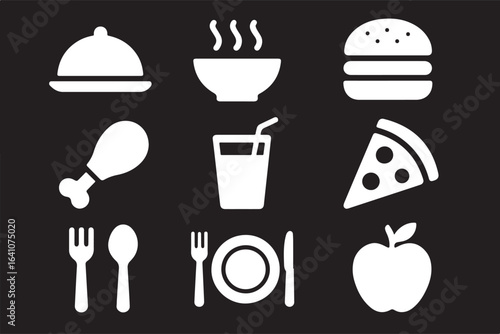 Food icons collection white on black vector