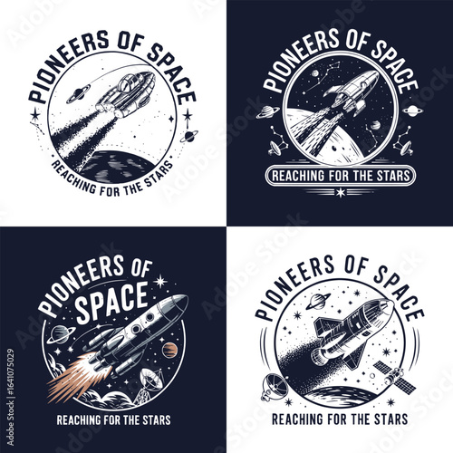Pioneers of Space retro rocket launch illustration with planets and satellites for sci fi exploration t shirt design
