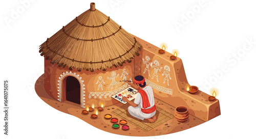A traditional Indian artist painting tribal Warli art on a mud hut wall by lamplight.