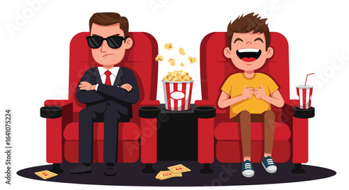 A man in a suit looking annoyed sits next to a laughing boy in a movie theater.