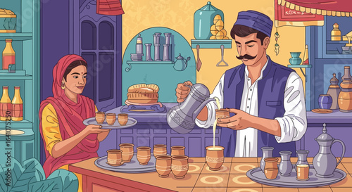 A traditional South Asian man pouring chai into clay cups for a smiling woman holding a tray.