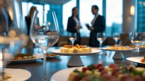 Elegant Business Event Catering Food Wine Glasses Office Party People Networking Dinner Table