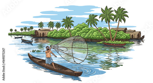 A traditional fisherman casting a conical net from a wooden canoe on the Kerala backwaters, with houseboats and palm trees.
