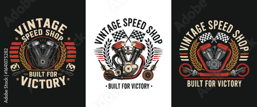 Vintage Speed Shop motorcycle engine emblem with racing flags and laurel wreath for retro biker t shirt design