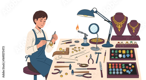 A young jeweler in a blue apron meticulously crafting a gold earring at a workbench with various tools.