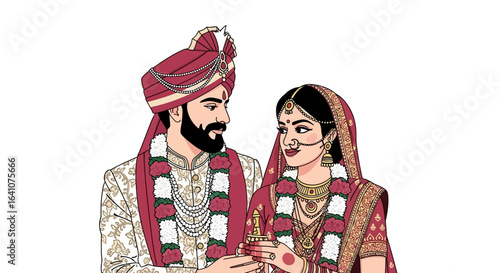 An illustrated Indian bride and groom in traditional attire, wearing flower garlands and sharing a loving gaze during their wedding ceremony.