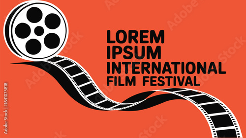 Dynamic graphic design for an international film festival, showcasing a film reel and winding strip on a vibrant orange background
