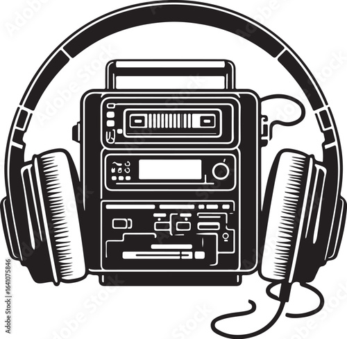 Retro Cassette Player with Headphones – Vintage Music Gear Silhouette Vector