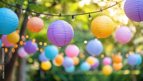 Colorful paper lanterns hanging in a garden