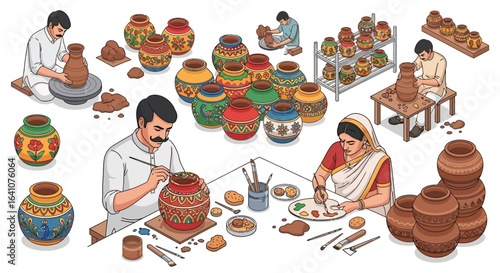 Artisans skillfully crafting and painting colorful terracotta pottery with intricate designs.