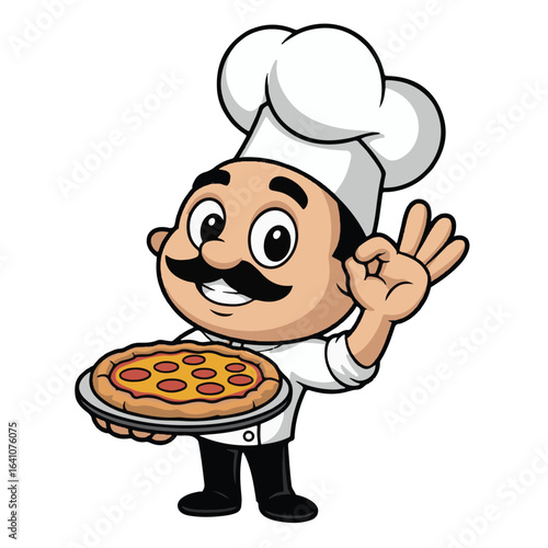 Cartoon chef in a uniform and hat holds a delicious gourmet pizza