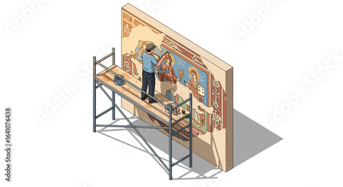 Artist Restoring Ancient Religious Fresco on Scaffolding