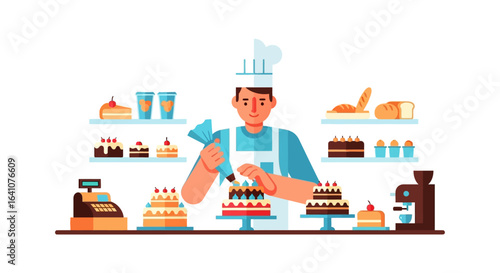 Baker decorating a cake with frosting from a piping bag