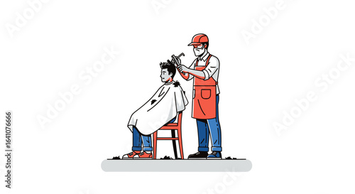Barber cutting client's hair with scissors and comb, wearing mask and apron