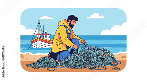 Bearded fisherman in a yellow raincoat and overalls mending a large fishing net while kneeling on a sandy beach.