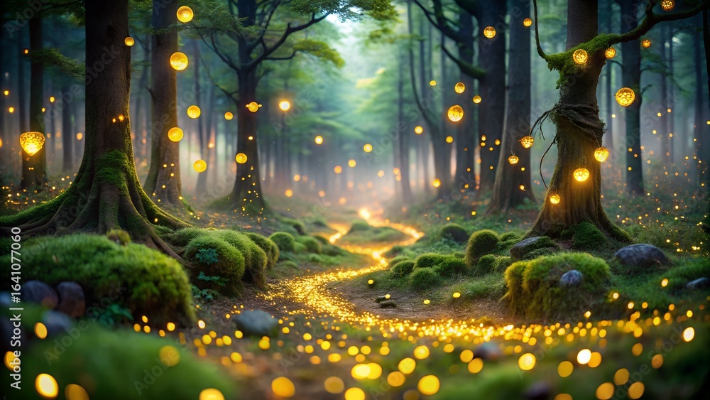 Obraz premium A winding path illuminated by magical lights leads through a mystical forest, creating an enchanting and dreamy atmosphere with trees and mossy stones