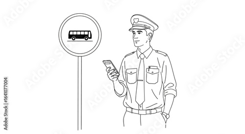 Bus Driver in Uniform Holding Smartphone at Bus Stop Sign