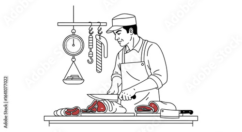 Butcher skillfully slicing raw red meat with a sharp knife in a shop