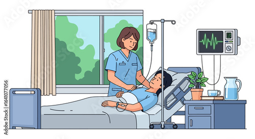 Caring female nurse in blue scrubs attending to a patient in a modern hospital room with an IV drip and heart monitor.