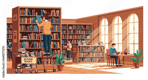Bustling library scene with people reading and shelving books among tall, sunlit wooden bookshelves.