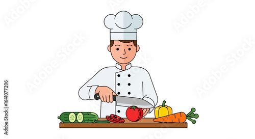 Cartoon Chef Skillfully Slicing Fresh Vegetables for Culinary Preparation