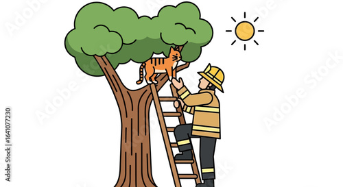 Cartoon firefighter in a yellow uniform climbing a ladder to rescue a striped orange cat from a tree.
