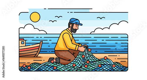 Cartoon fisherman with a beard kneeling on a sandy beach, mending his fishing net by the sea.