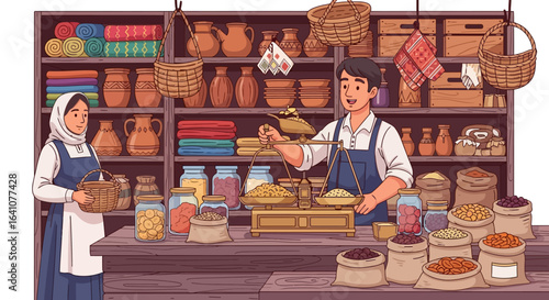 Cartoon Illustration of a Shopkeeper Weighing Goods with Scales.