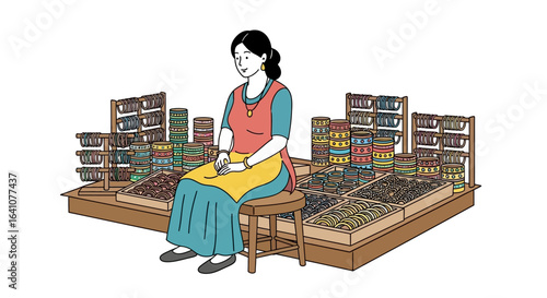 Cartoon illustration of a South Asian woman vendor sitting at her colorful bangle stall.