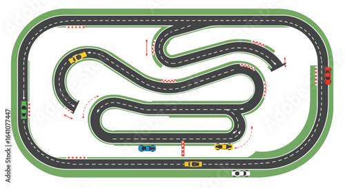 Overhead view of a race track with colorful toy cars racing and navigating the curves.