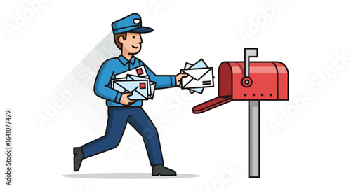 Cartoon mailman in a blue uniform delivering letters to a red mailbox illustration.