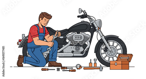 Cartoon Mechanic Working on a Motorcycle with Tools and Toolbox