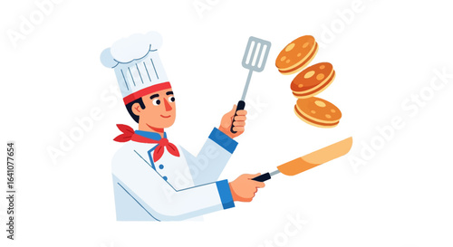 Cheerful Chef Flipping Golden Pancakes with Spatula and Pan