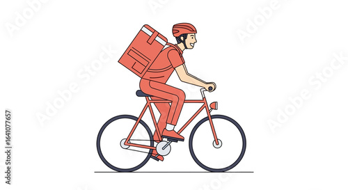 Cheerful delivery person riding a bicycle with a large red insulated bag